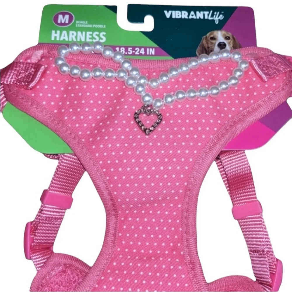 Vibrant Life Pink Polka Dot Dog Harness With Pearl Necklace
